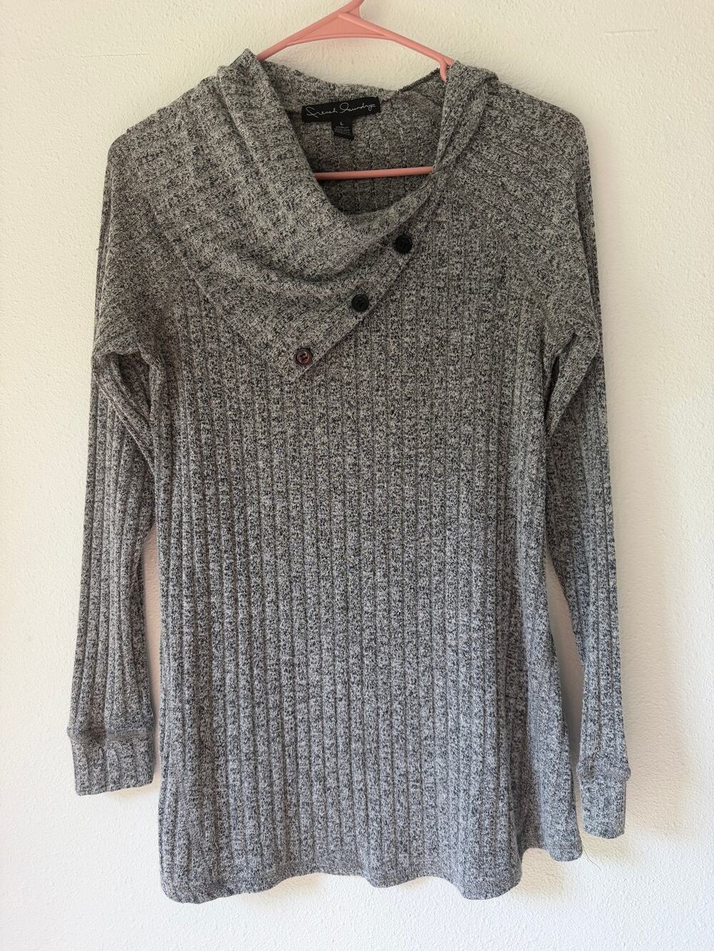 French Laundry Gray Ribbed Knit Asymmetric Cown Neck, Gray Size L Button Detail